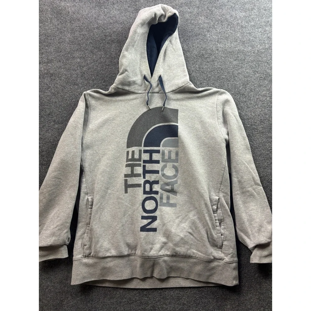 The North Face Hoodie Mens XL Gray Big Vertical Logo Fleece Pullover Sweatshirt